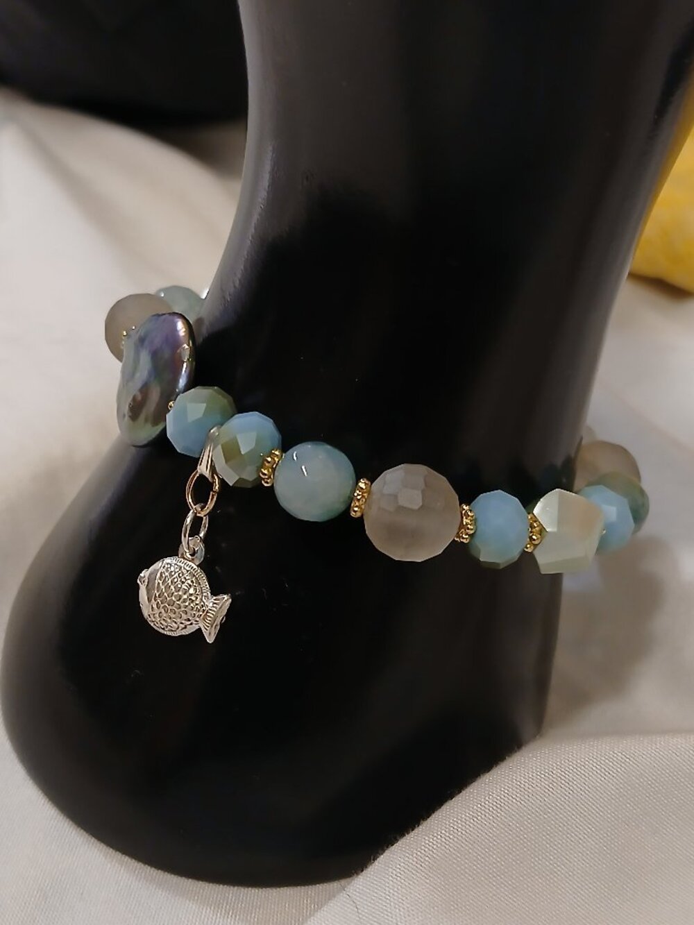 Mermaidcore Bead Pearl Bracelet With Sterling Silver Fish Charm 7.5 Inches
